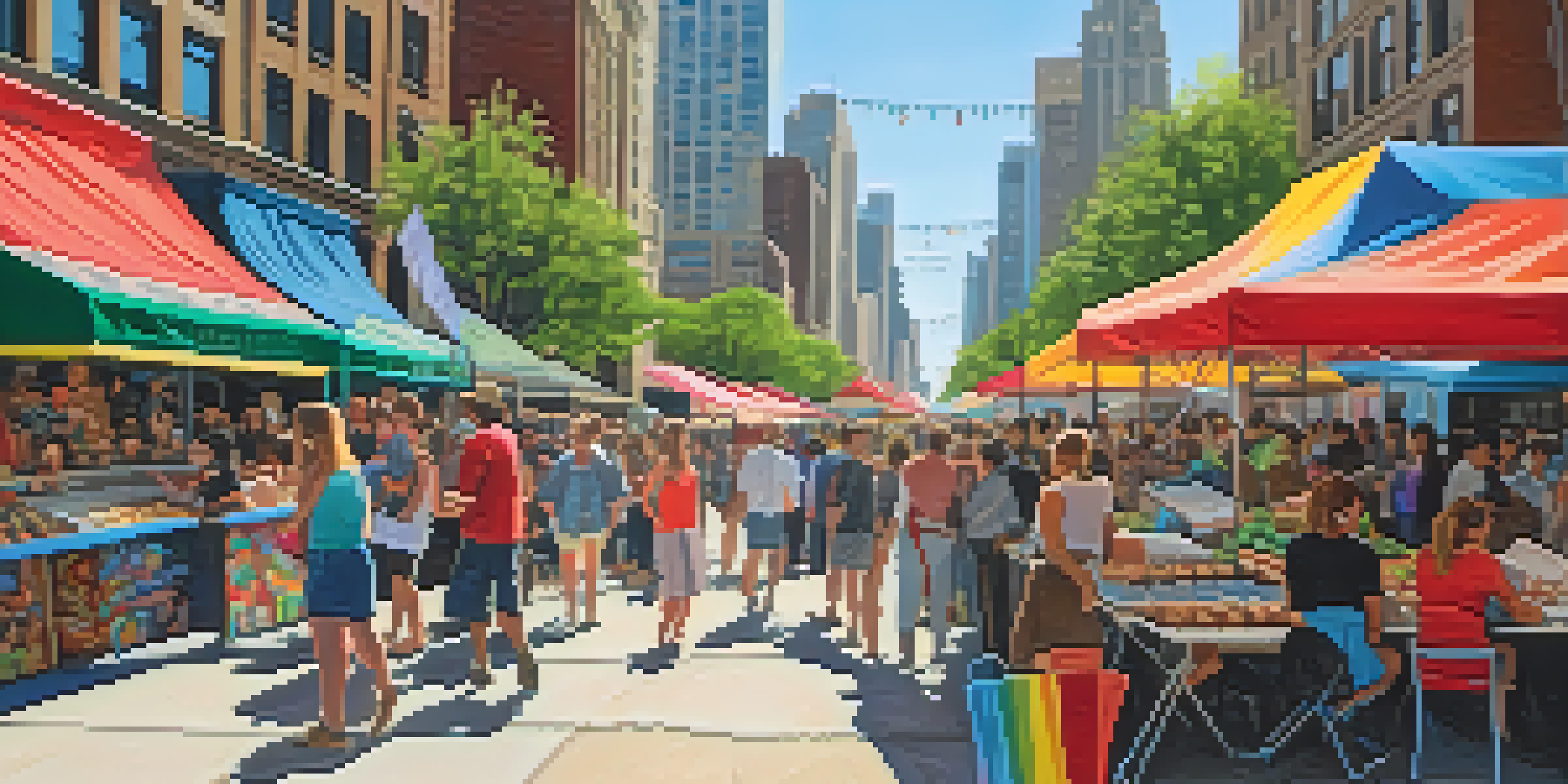 A lively outdoor art festival in Chicago with artists displaying their colorful artworks, food trucks, and visitors enjoying the vibrant atmosphere.
