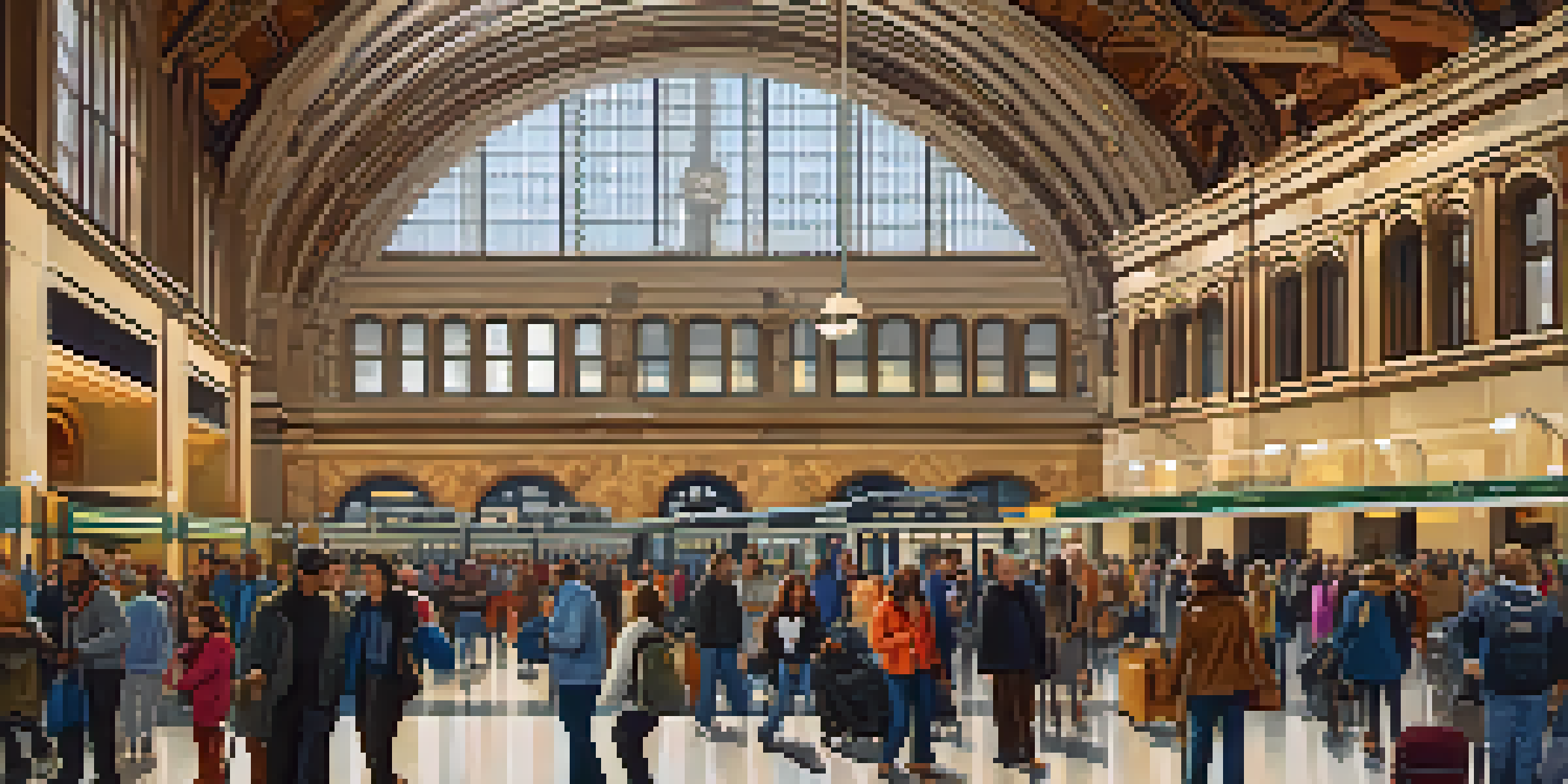 A busy Chicago train station featuring passengers, including people with disabilities using ramps and elevators, with clear signs and bright lighting.