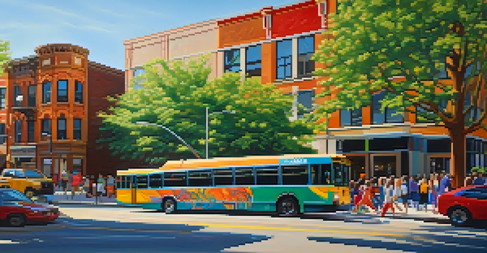 A Chicago city bus driving through a lively neighborhood filled with colorful murals and pedestrians, under soft sunlight.
