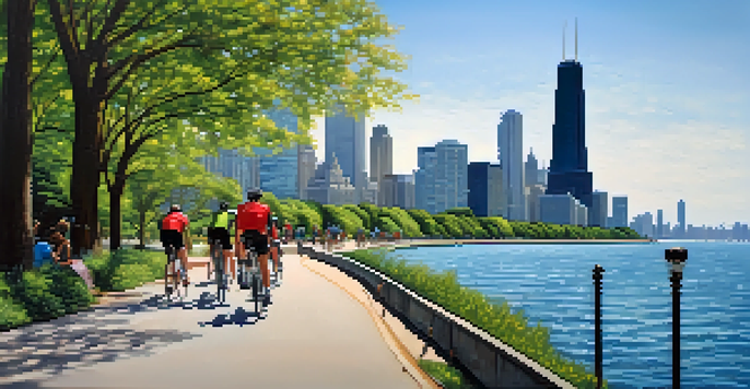 Cyclists riding along the Lakefront Trail in Chicago, with Lake Michigan and the city skyline visible in the background on a sunny day.