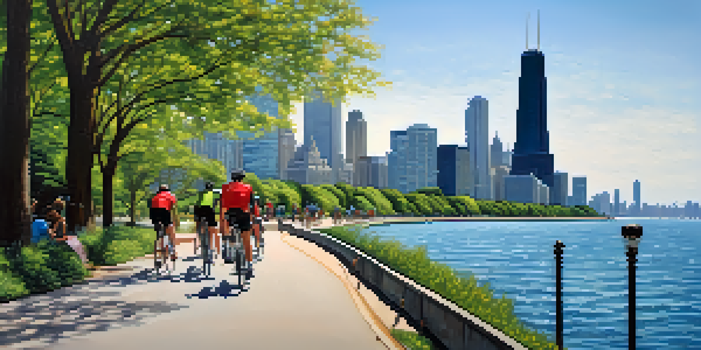 Cyclists riding along the Lakefront Trail in Chicago, with Lake Michigan and the city skyline visible in the background on a sunny day.