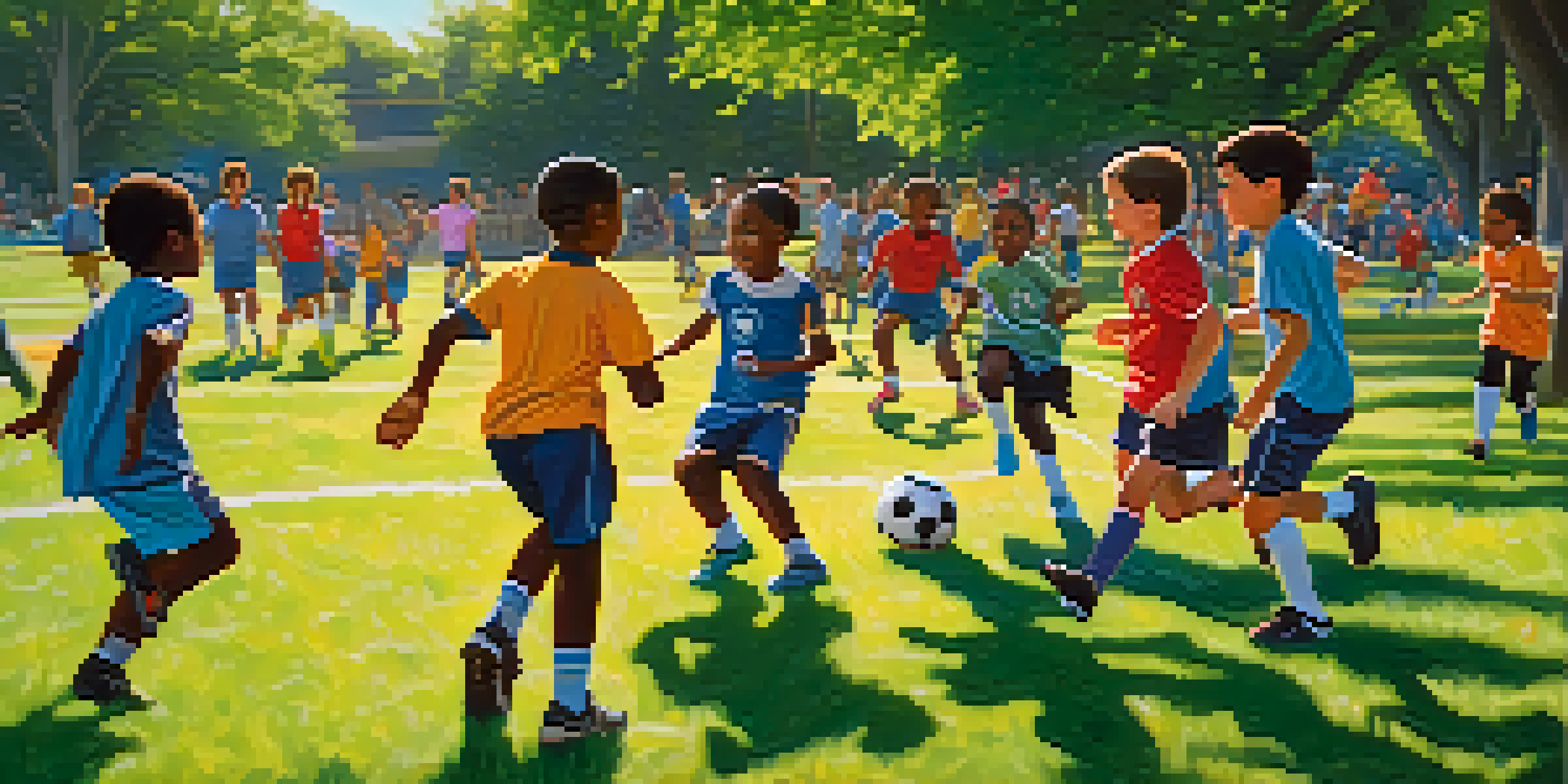 Children from diverse backgrounds playing soccer in a Chicago park, with parents cheering on the sidelines.