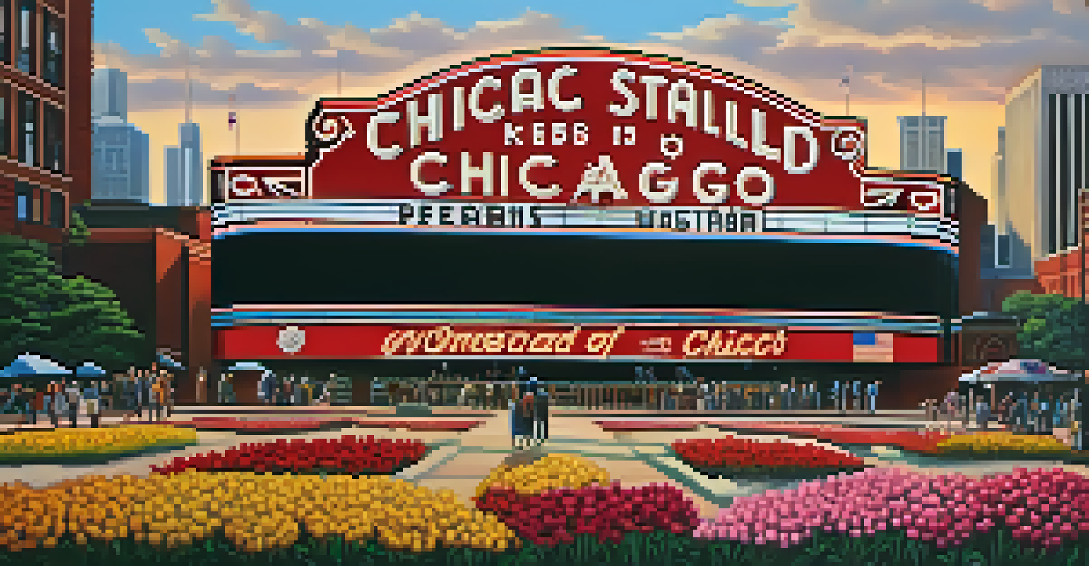 A memorial site for Chicago Stadium, with flowers and memorabilia set against the Chicago skyline, capturing the emotional connection of fans.