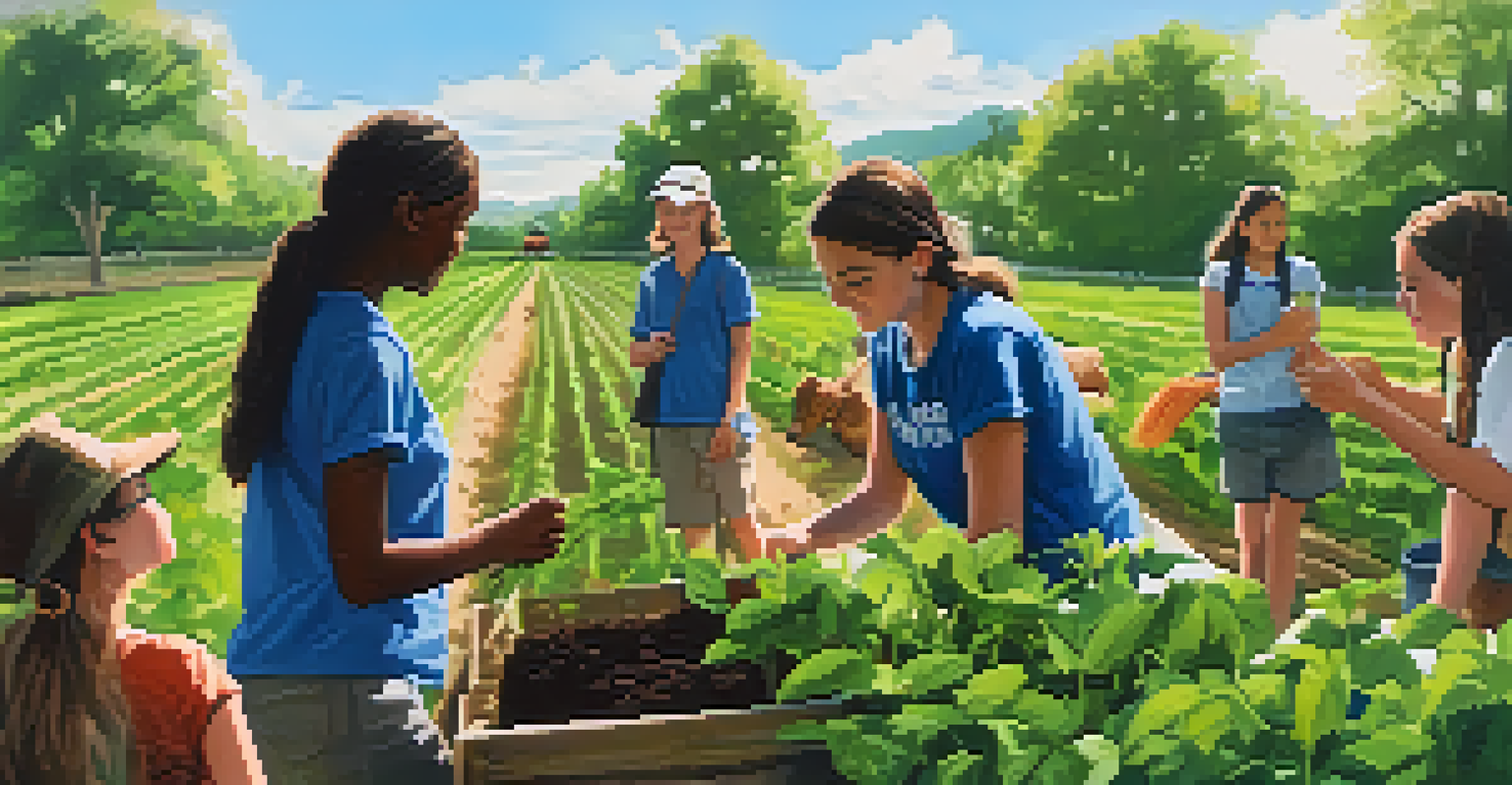 Students on a field trip to a farm, learning about agriculture and sustainability, surrounded by green fields and animals.
