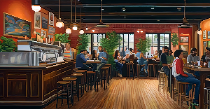 A warm café scene with a colorful mural, people enjoying coffee, and a friendly barista at work.