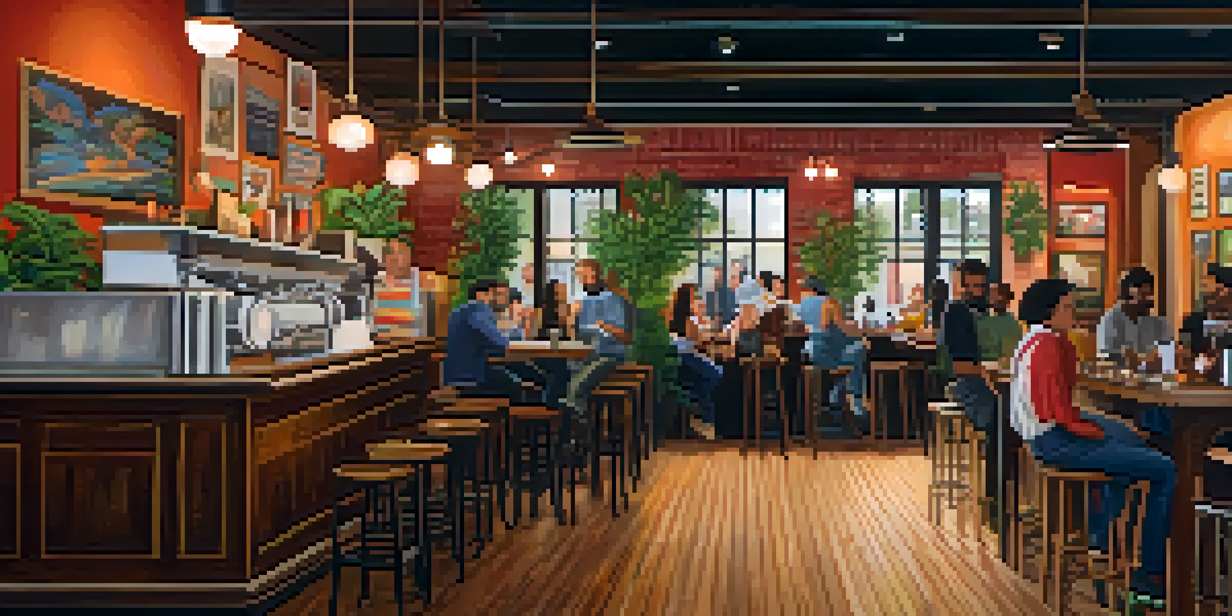 A warm café scene with a colorful mural, people enjoying coffee, and a friendly barista at work.