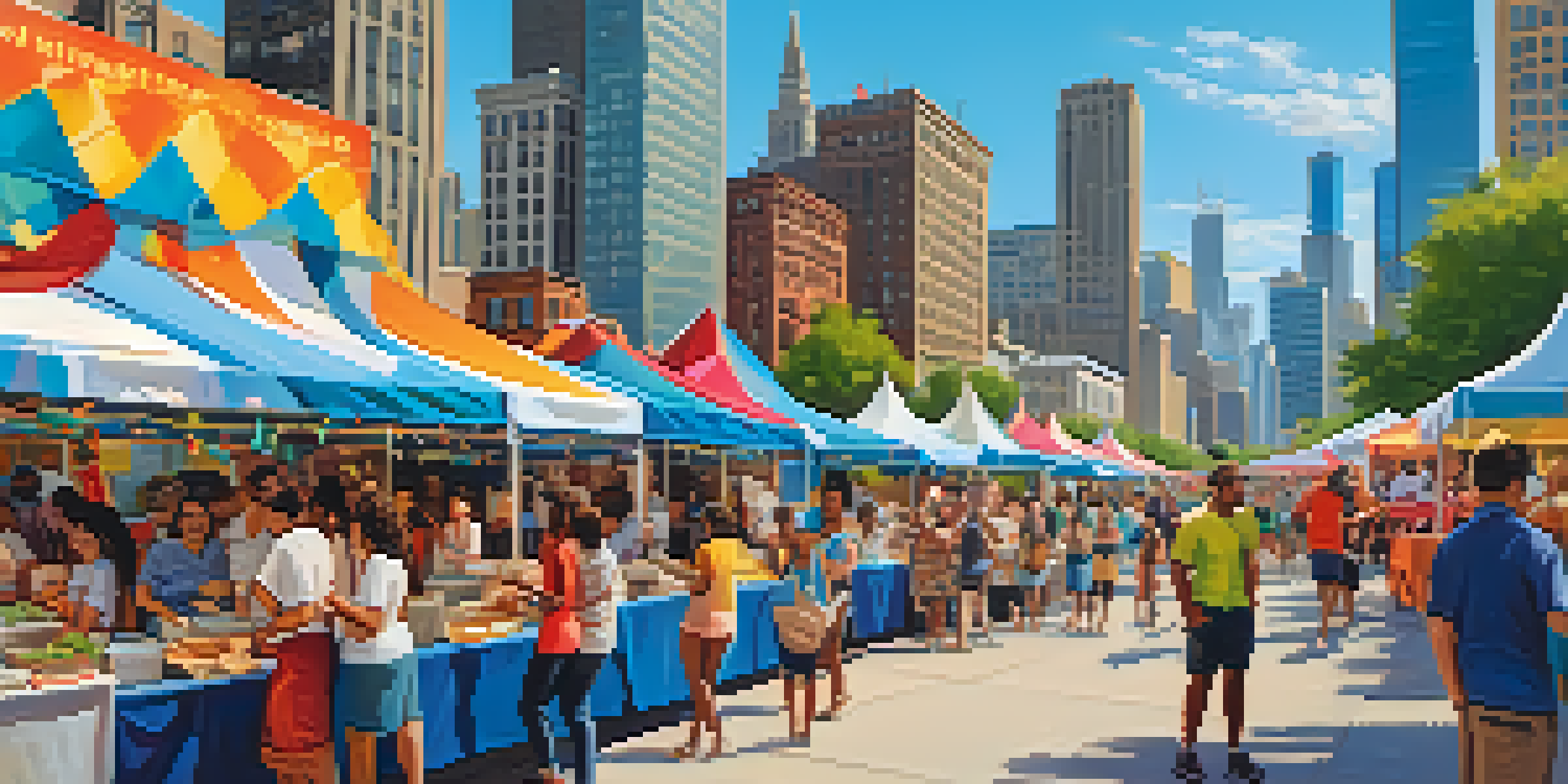 A lively outdoor food festival in Chicago with food trucks and people enjoying various dishes against a city skyline.