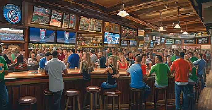 A bustling Chicago sports bar with fans cheering for their teams, decorated with sports memorabilia and large screens showing a game.