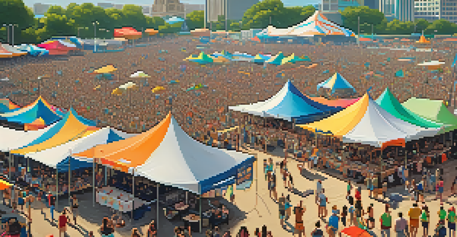 Aerial view of the Lollapalooza festival in Chicago, showcasing a vibrant crowd and multiple stages.