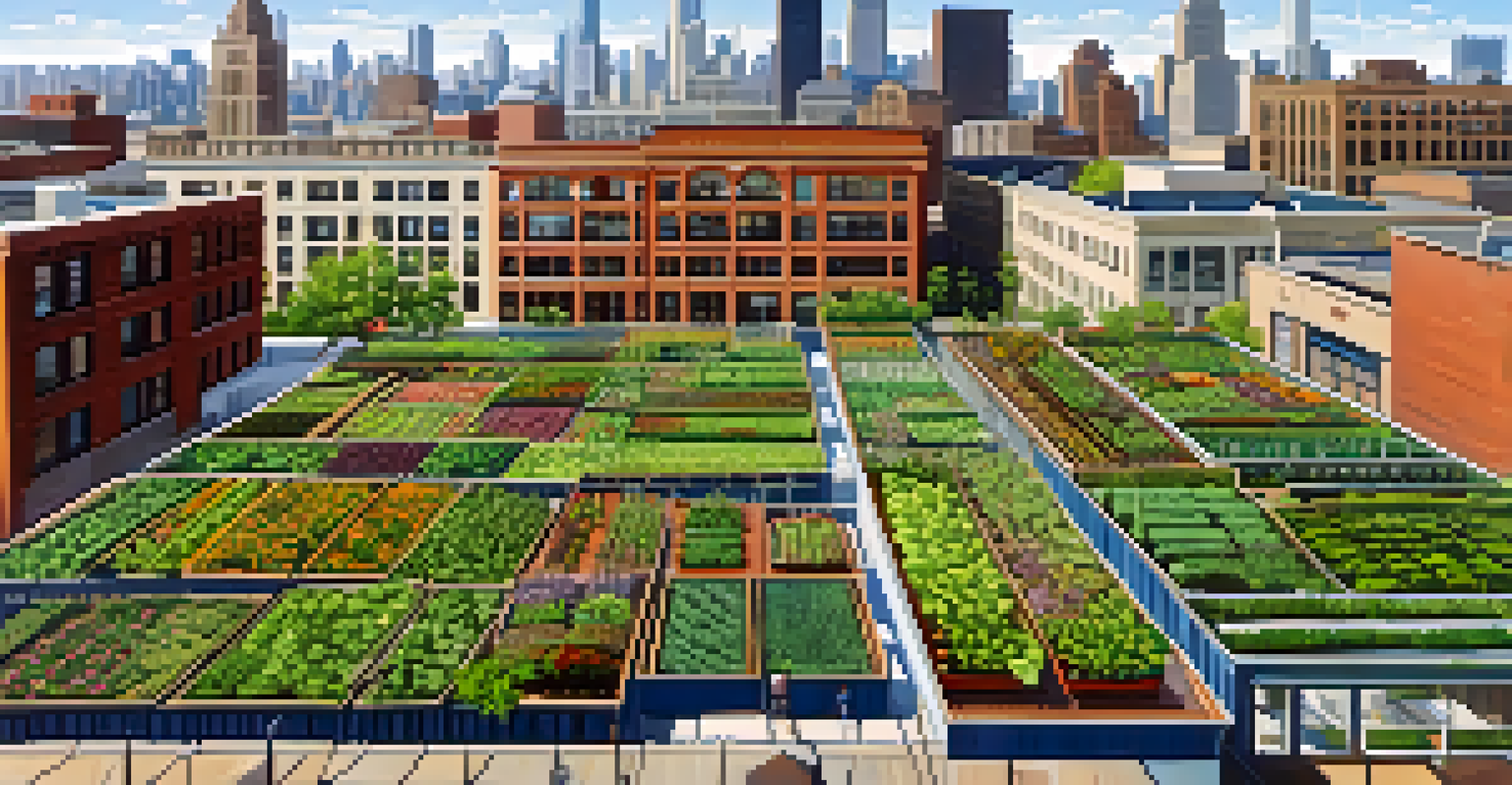 An aerial view of a rooftop farm in Chicago, showcasing vegetable beds and flowers amidst the urban landscape.