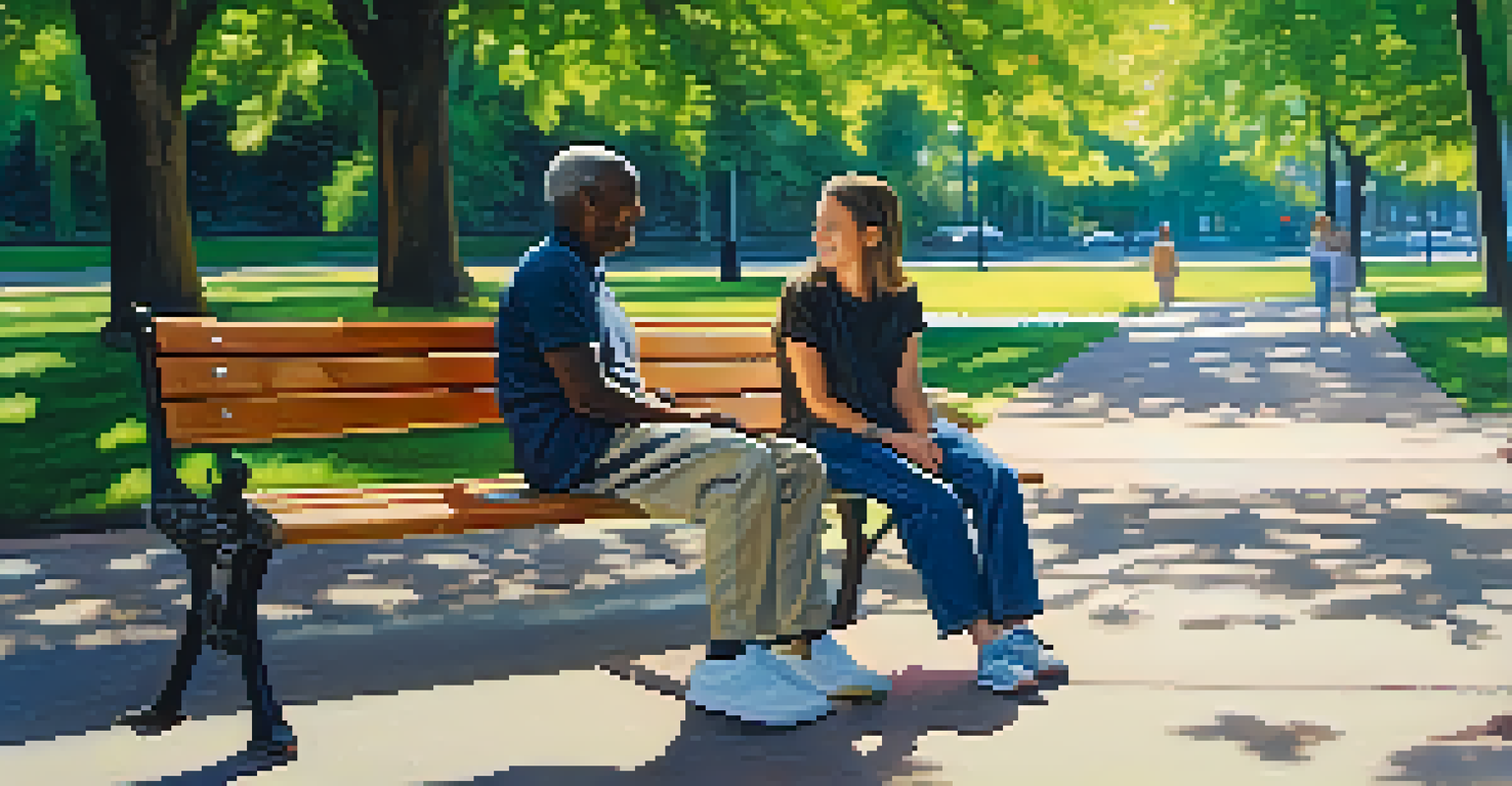 A mentor and a young person sitting on a park bench in a Chicago park, having an inspiring conversation under the sunlight, surrounded by greenery.