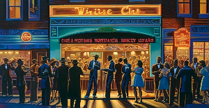 A lively blues club in Chicago during the 1940s, featuring a male guitarist on stage with an electric guitar, surrounded by an engaged diverse audience and illuminated by colorful neon lights.