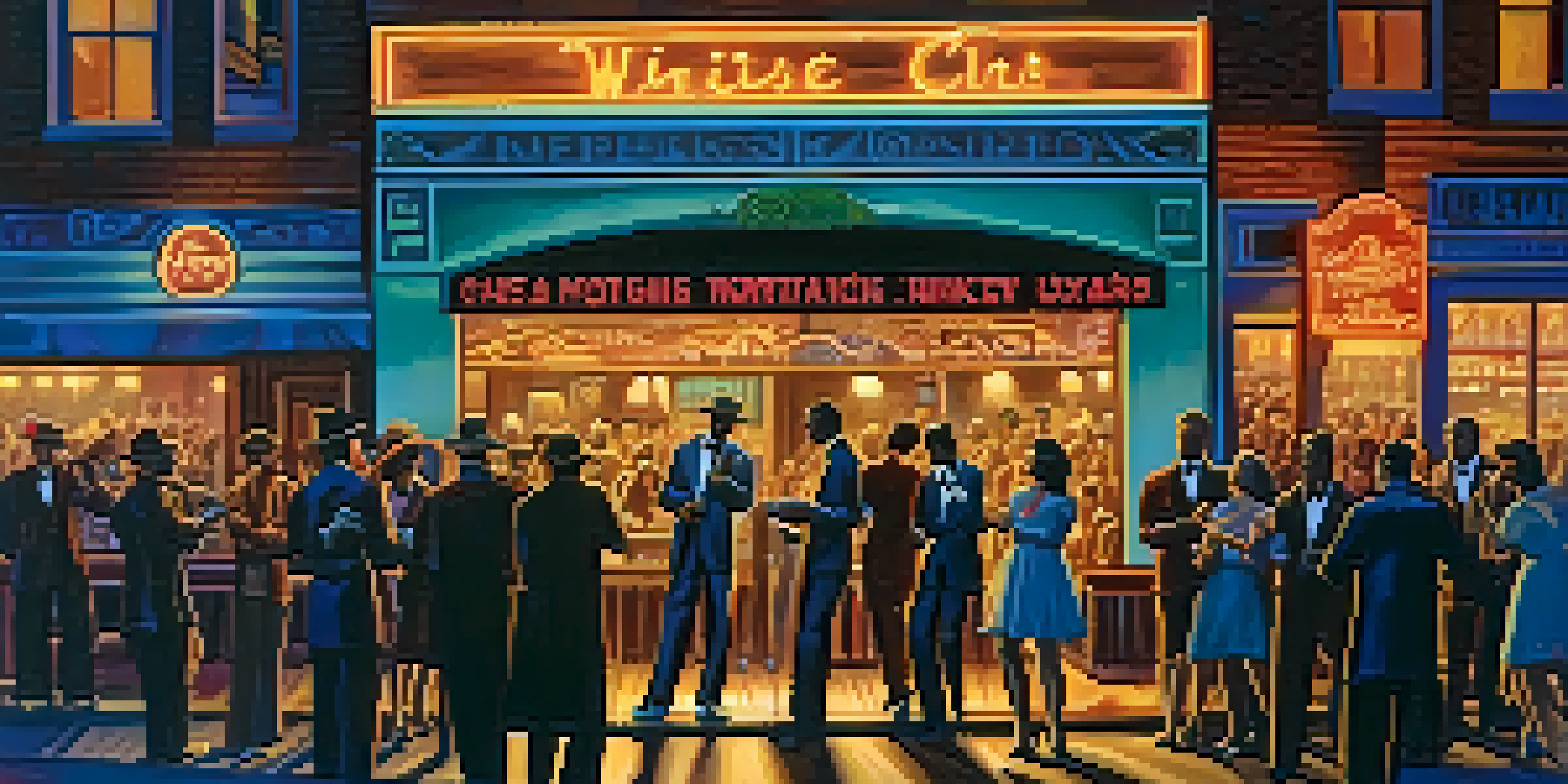 A lively blues club in Chicago during the 1940s, featuring a male guitarist on stage with an electric guitar, surrounded by an engaged diverse audience and illuminated by colorful neon lights.