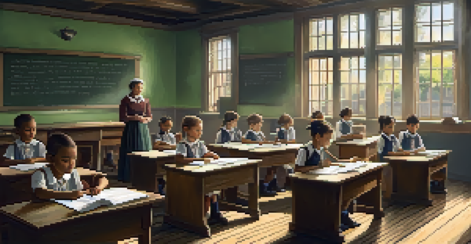 A 19th-century classroom with children learning about hygiene, wooden desks, and a teacher in front of a chalkboard.