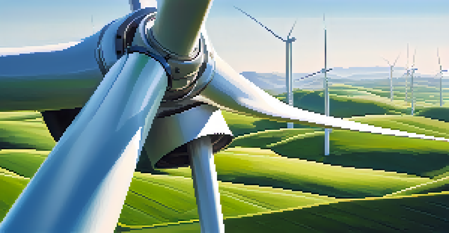 Close-up of a rotating wind turbine blade against a clear blue sky and green fields.