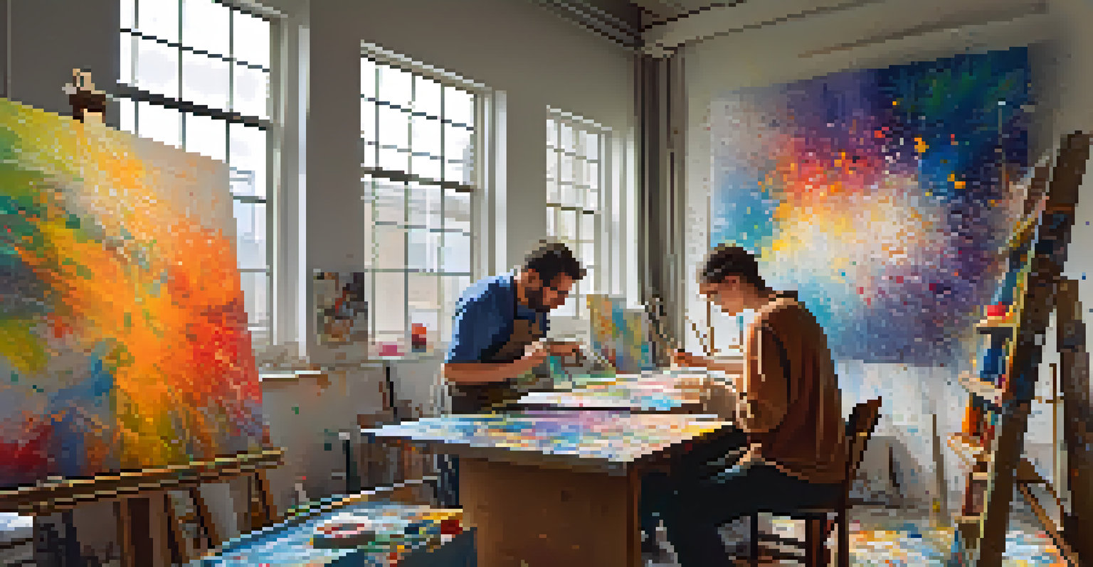 An artist working in a studio, surrounded by colorful paint splatters and canvases, with natural light illuminating the creative space.