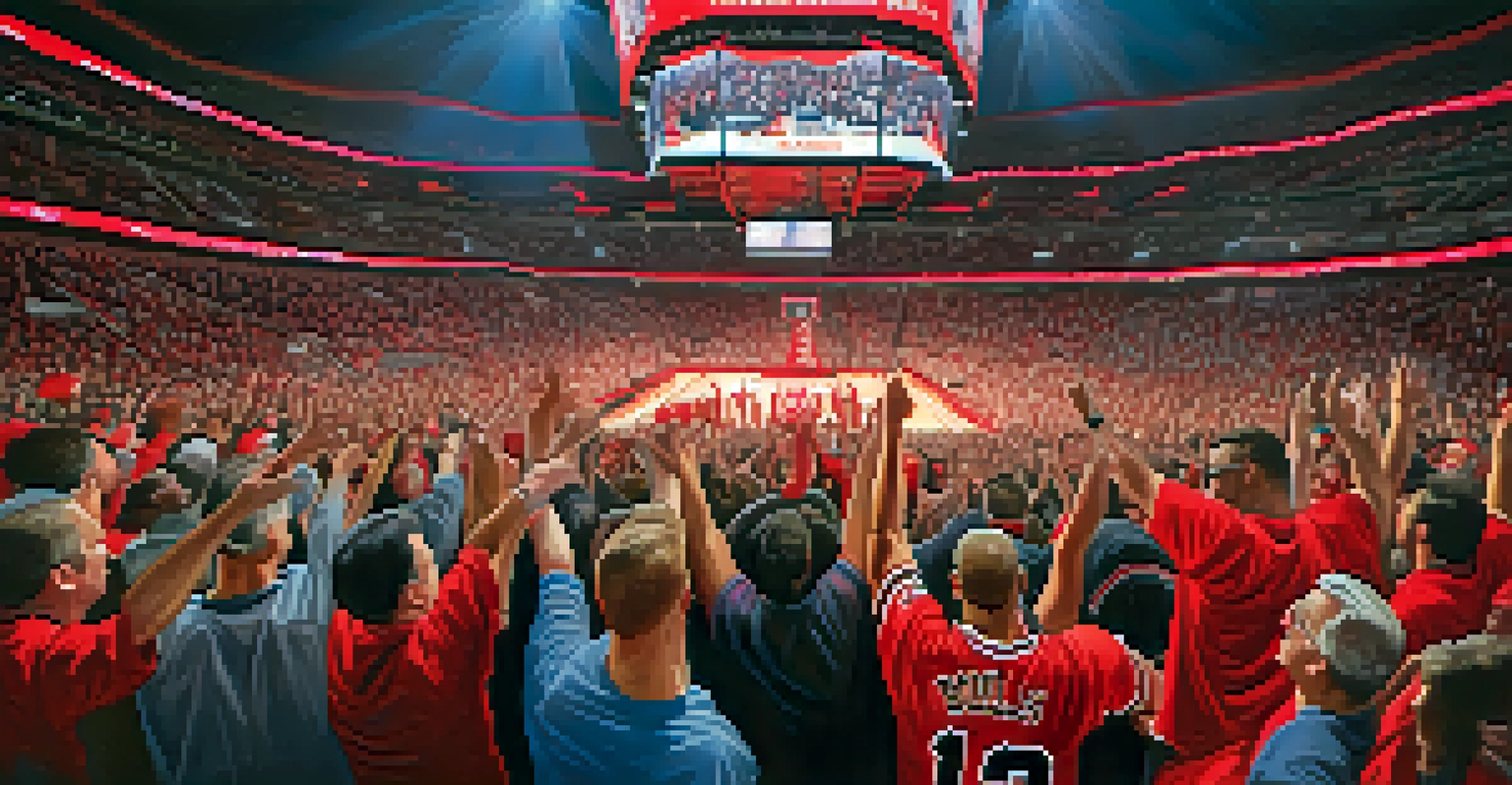 Fans at a Chicago Bulls game cheering together, filled with excitement and team spirit in a colorful arena.