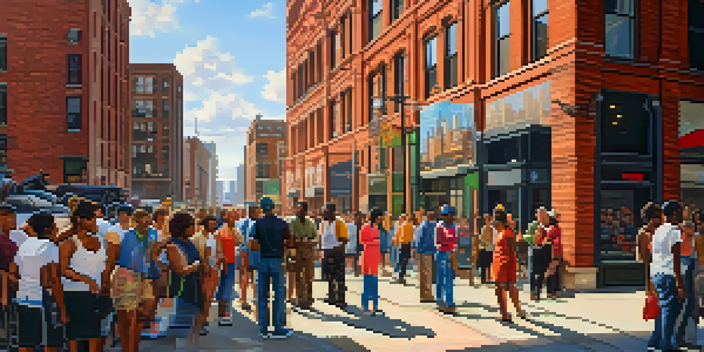 A lively Chicago street scene with diverse people discussing and factory workers sharing stories, against a backdrop of colorful street art and iconic architecture.