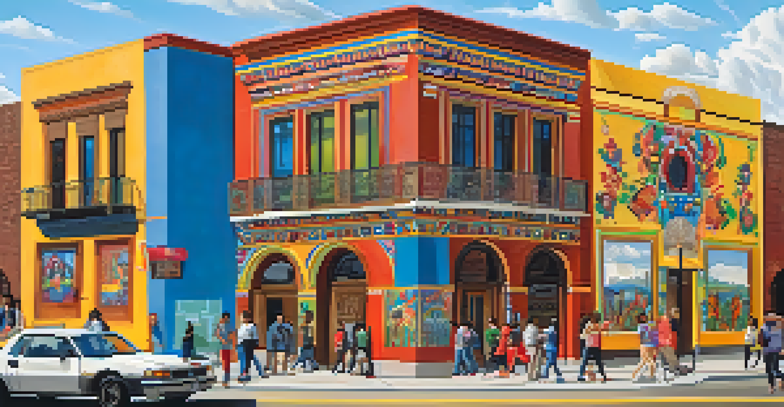Colorful exterior of the National Museum of Mexican Art with vibrant murals and people enjoying the community outside.