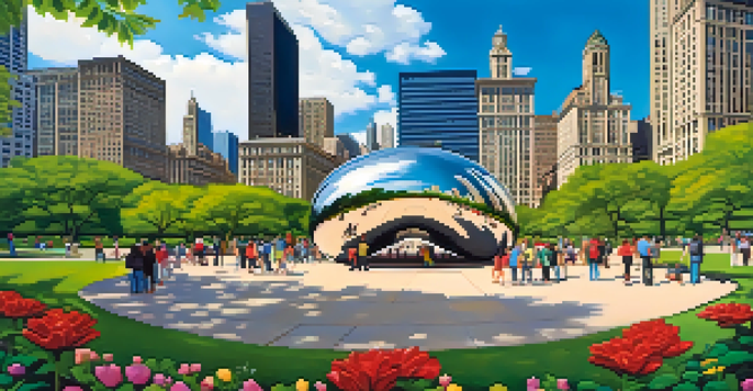 A bustling Millennium Park with Cloud Gate sculpture and the Chicago skyline in the background, surrounded by people and greenery.