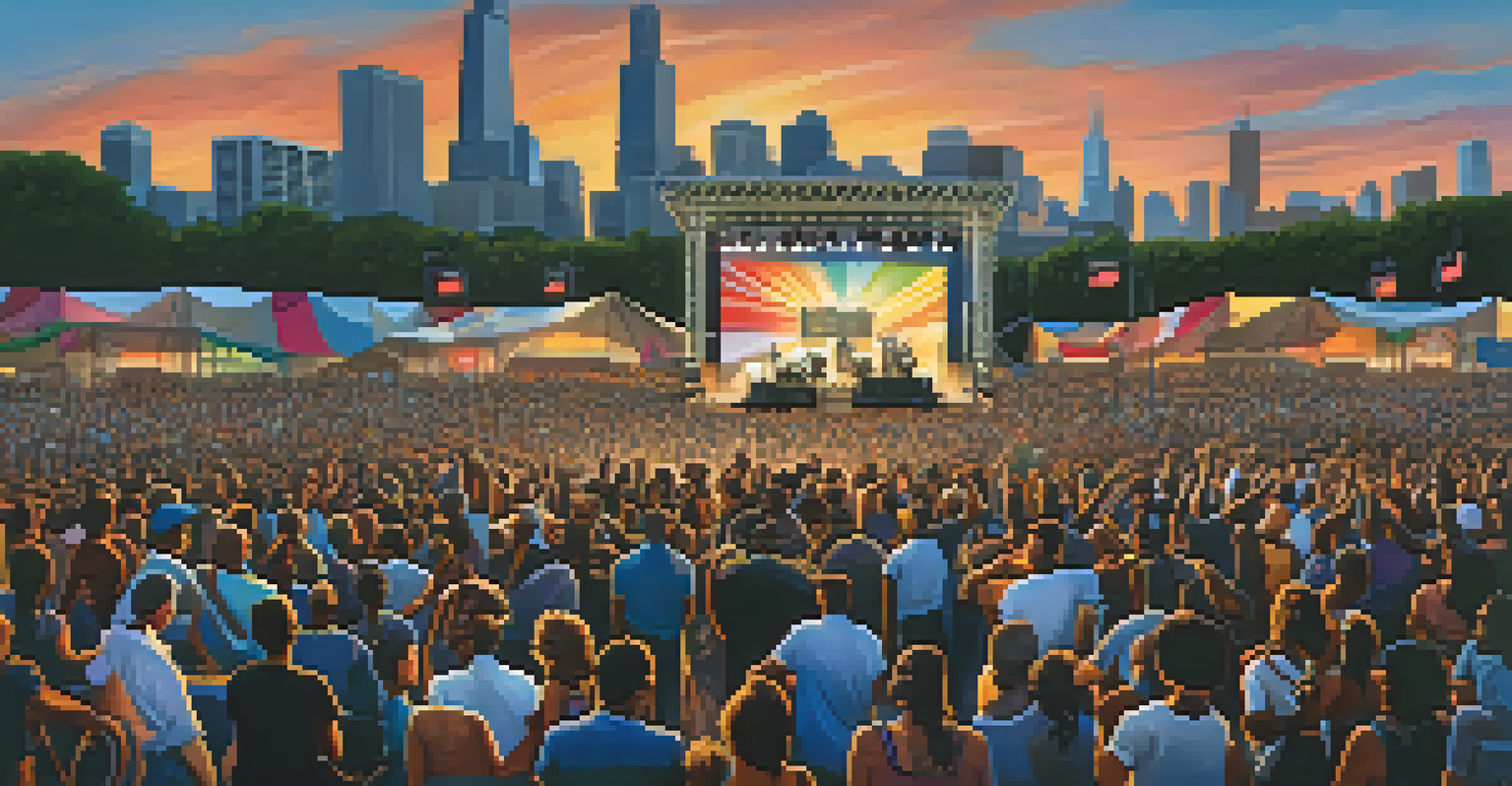 A lively modern blues festival in Chicago showcasing traditional and contemporary musicians performing on stage with the city skyline at sunset.