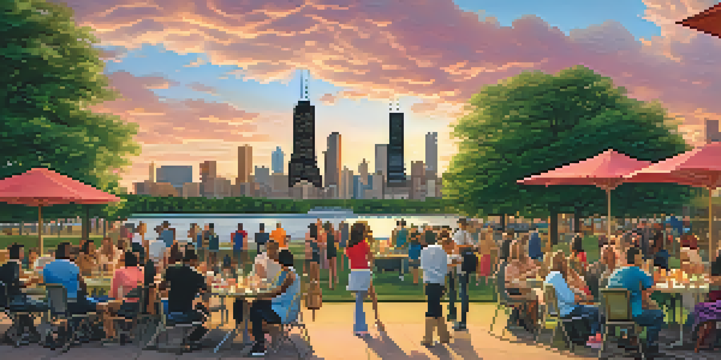 A sunset view of Chicago's skyline with people enjoying a community event in a park, surrounded by trees and colorful clouds.