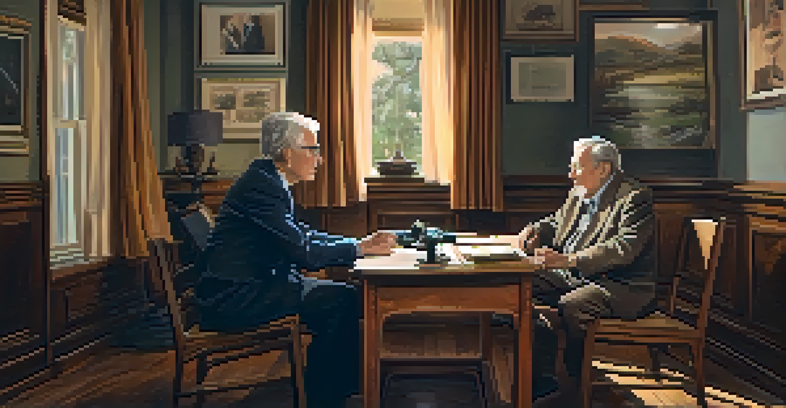 A heartfelt interview scene between a journalist and an elderly man, set in a vintage room filled with memorabilia, showcasing the art of oral history.