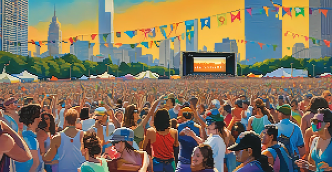 A lively music festival scene in Grant Park, Chicago, with diverse attendees dancing and enjoying performances, set against the city skyline.