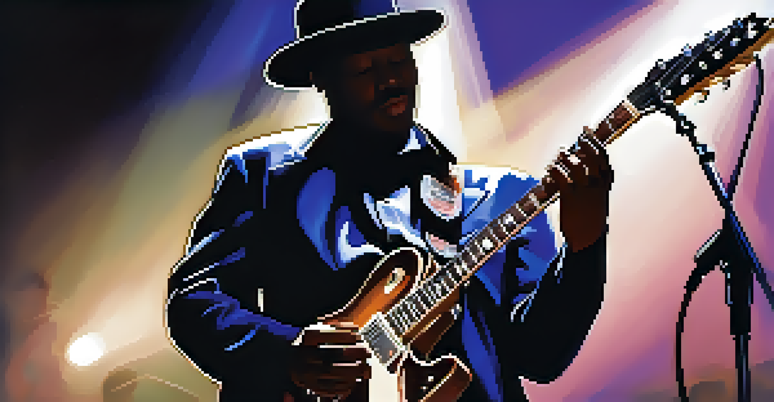 A close-up of a passionate blues guitarist performing on stage, with expressive facial features and a focus on the guitar.