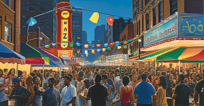A bustling Chicago jazz festival with musicians on stage, colorful lights, and a diverse crowd enjoying the music.