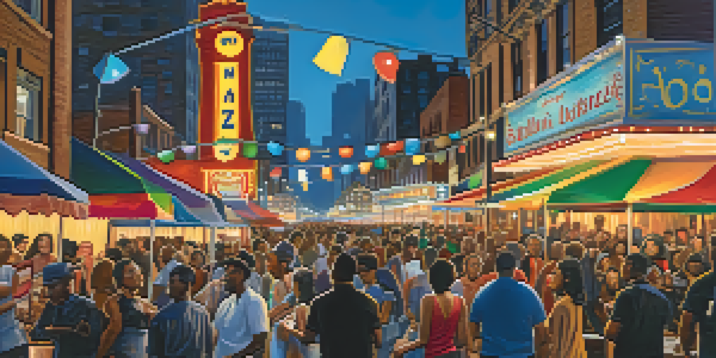 A bustling Chicago jazz festival with musicians on stage, colorful lights, and a diverse crowd enjoying the music.