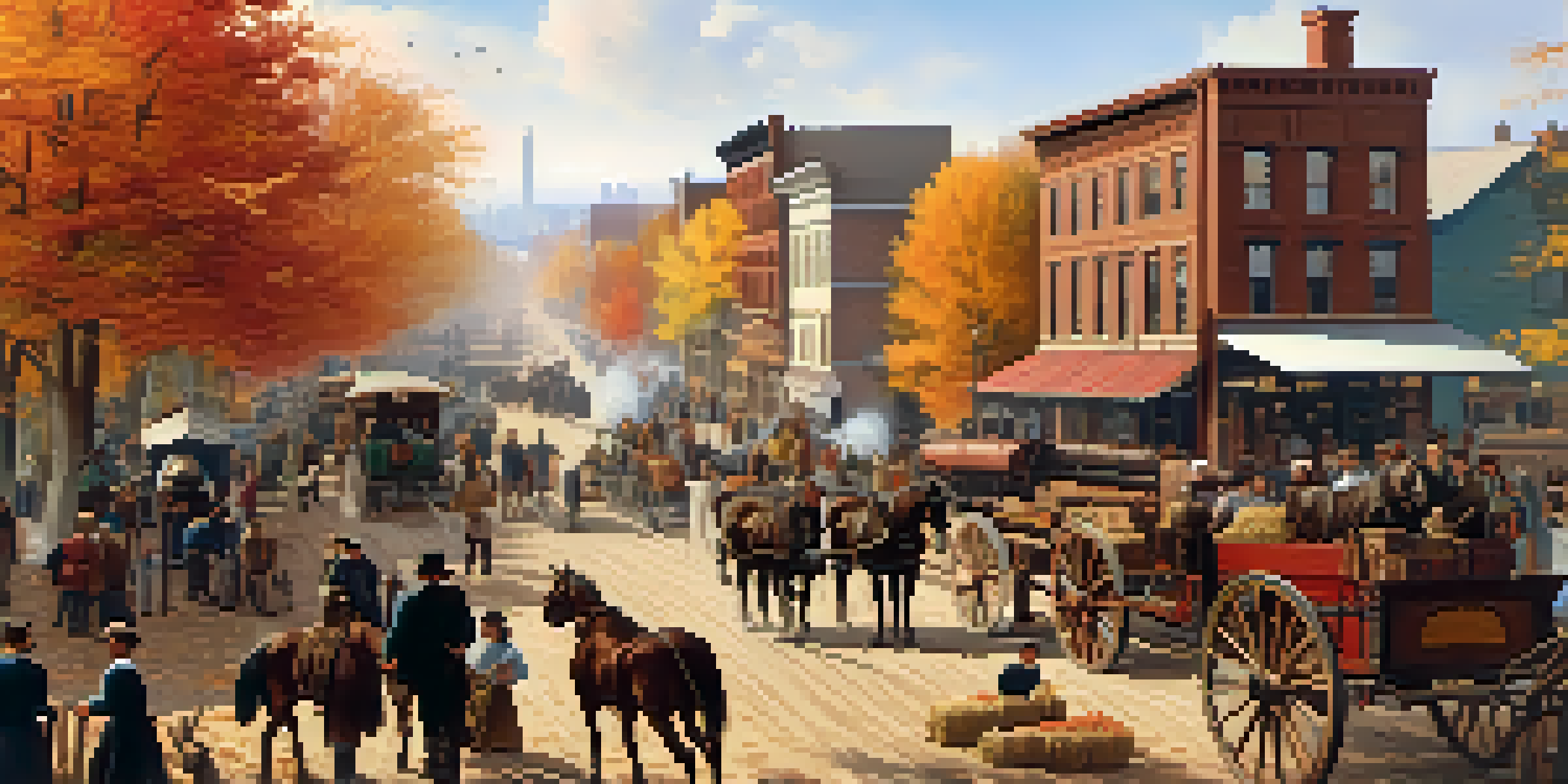 A historical depiction of 19th-century Chicago with farmers and traders at a crossroads near the Great Lakes.