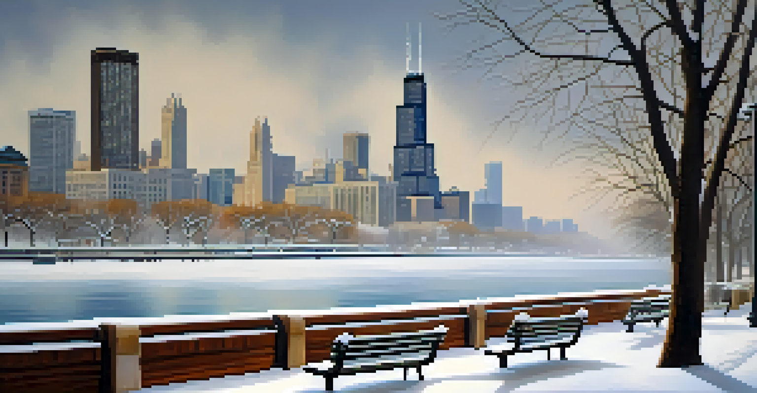 A snowy winter view of Chicago skyline with snow falling, trees, and benches covered in white snow, creating a peaceful scene.