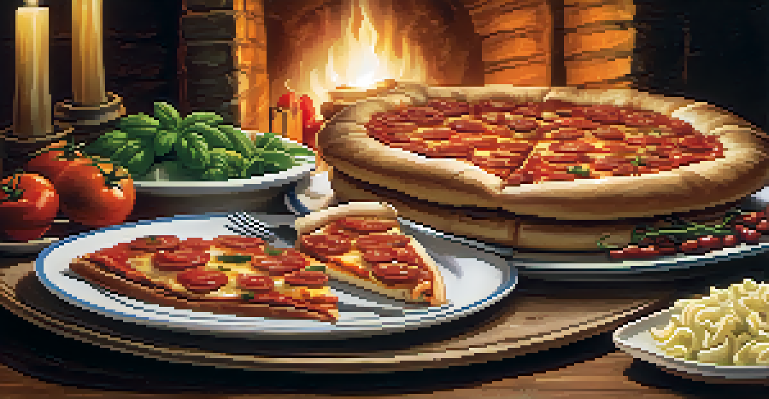 A close-up of a plate with deep-dish pizza and an Italian beef sandwich on a rustic table, illuminated by soft candlelight.