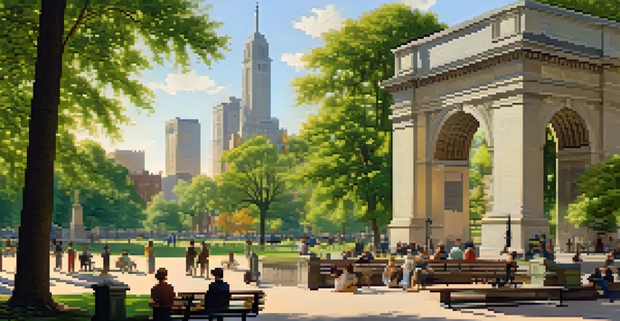 A historic depiction of Washington Square Park in the 1840s with green trees, park benches, and people enjoying leisure activities under golden sunlight.