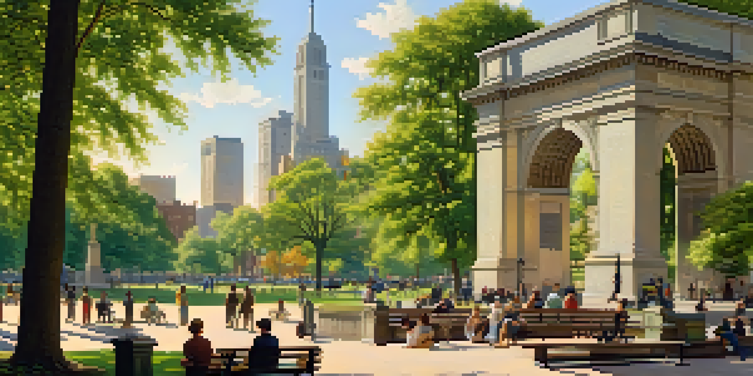 A historic depiction of Washington Square Park in the 1840s with green trees, park benches, and people enjoying leisure activities under golden sunlight.