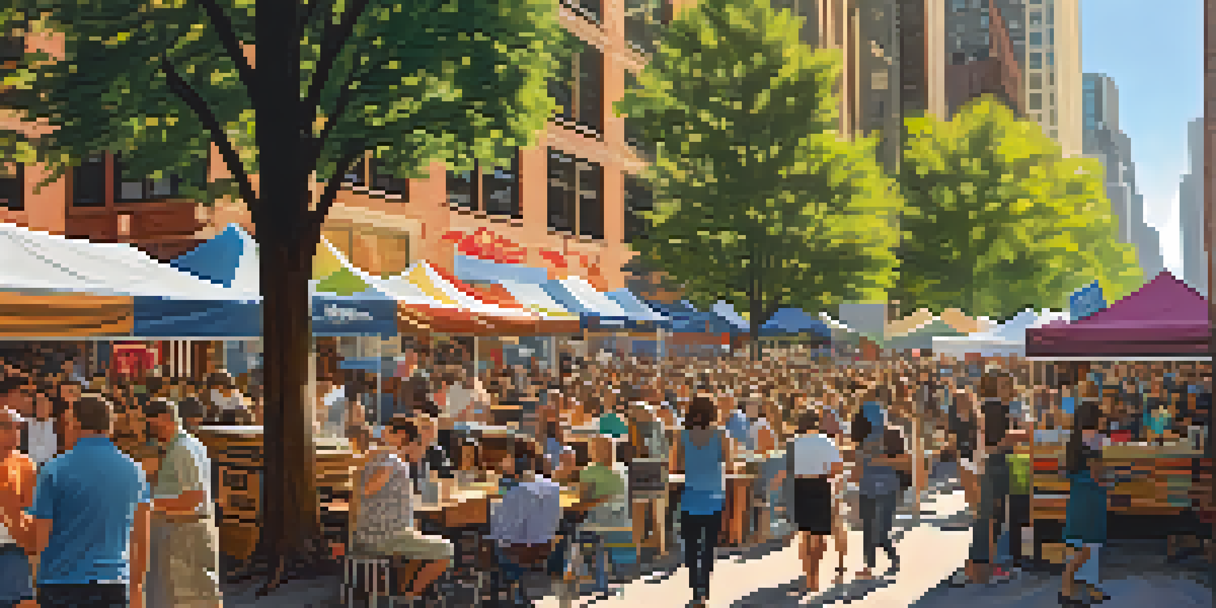A vibrant outdoor literary festival in Chicago with book stalls, readers, and sunny weather, set against a backdrop of city architecture.