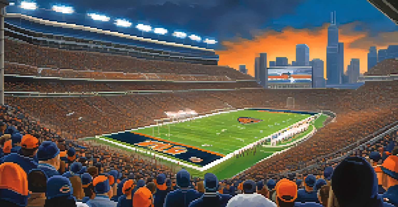 A bustling Soldier Field filled with cheering Chicago Bears fans, illuminated under the evening sky during a game, reflecting the excitement of football.