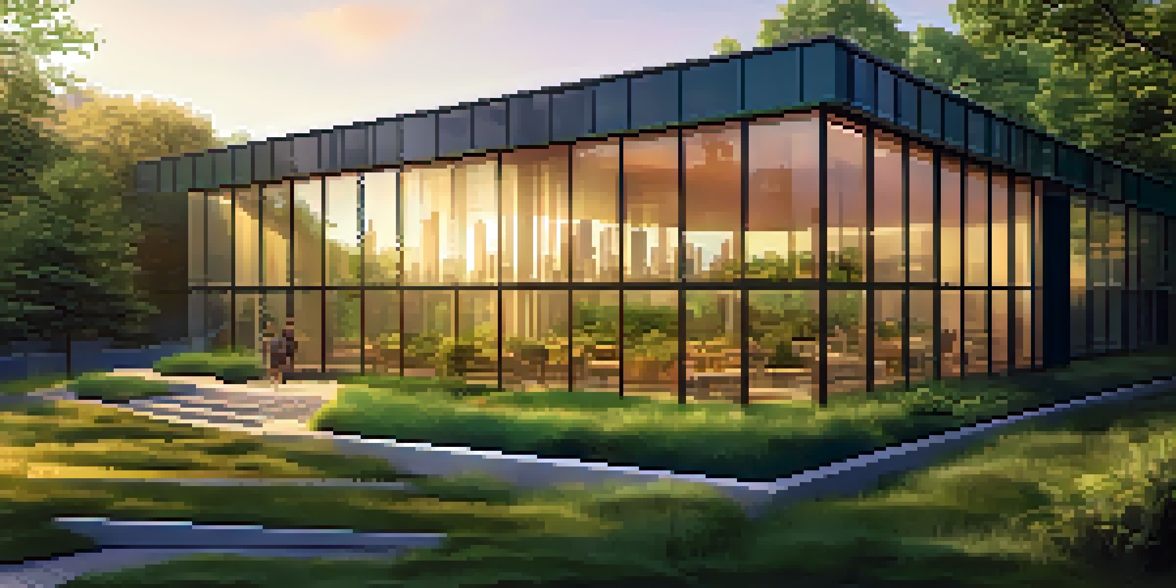 A modern green building in Chicago with a green roof, large glass windows reflecting the skyline, and surrounded by vegetation.