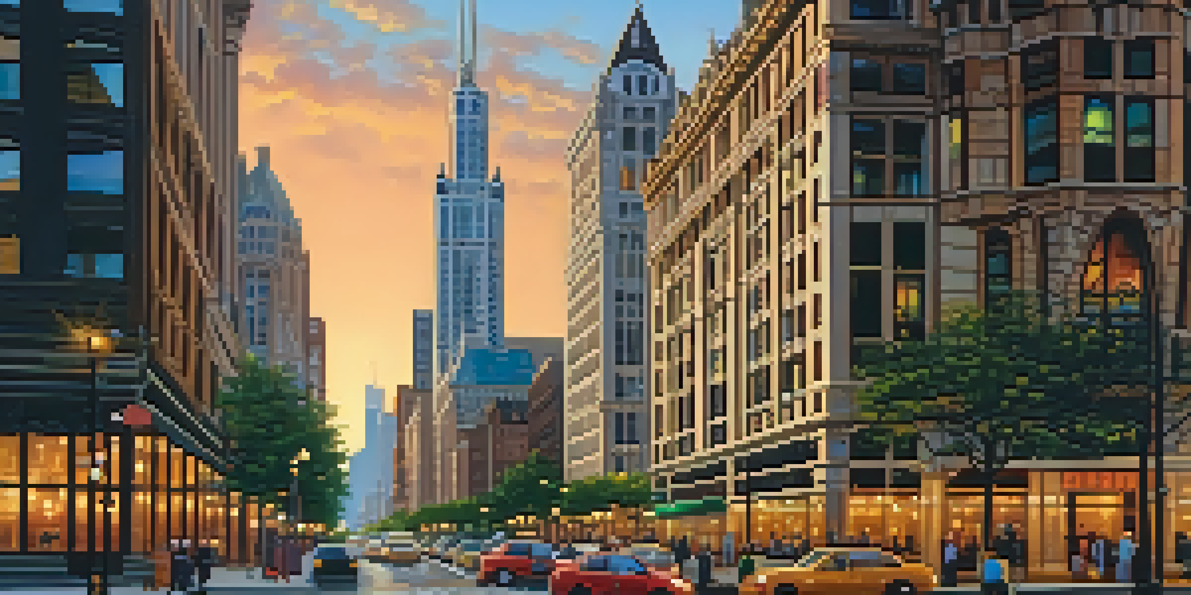 A panoramic view of the Magnificent Mile in Chicago, featuring a mix of historic and modern architecture at sunset.
