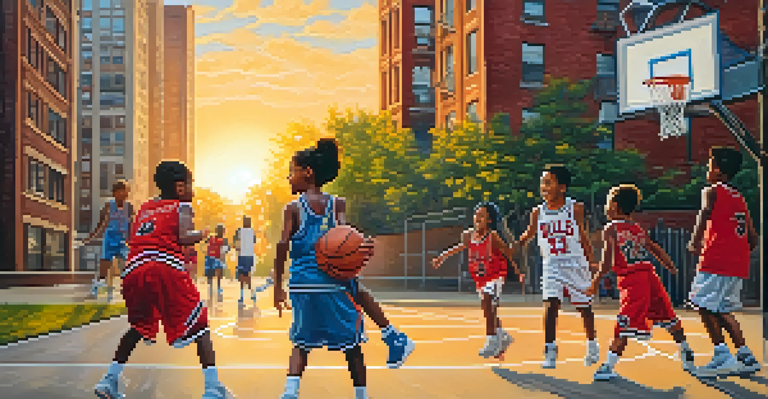 Children playing basketball on a colorful court in Chicago, wearing Chicago Bulls jerseys, with warm sunlight and graffiti art.