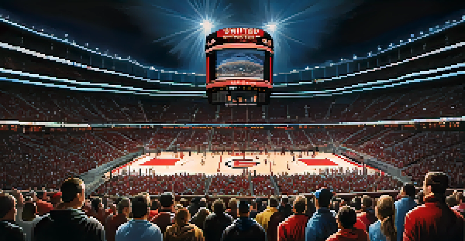 A night view of the United Center filled with fans and illuminated by bright lights, showcasing the excitement of a Chicago sports event.