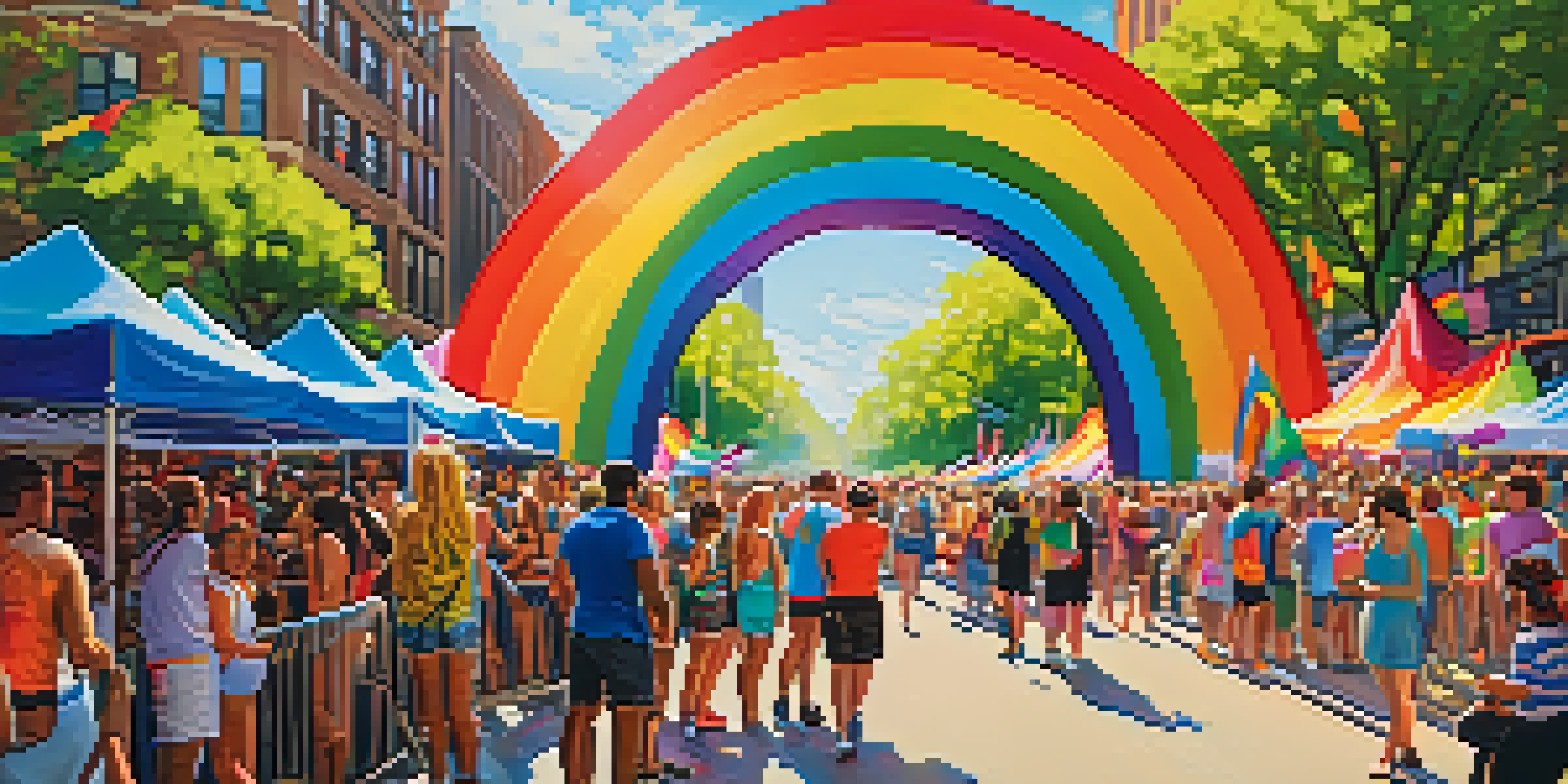 A lively street scene at Chicago Pride Fest with a diverse crowd celebrating under rainbow flags and vibrant decorations.