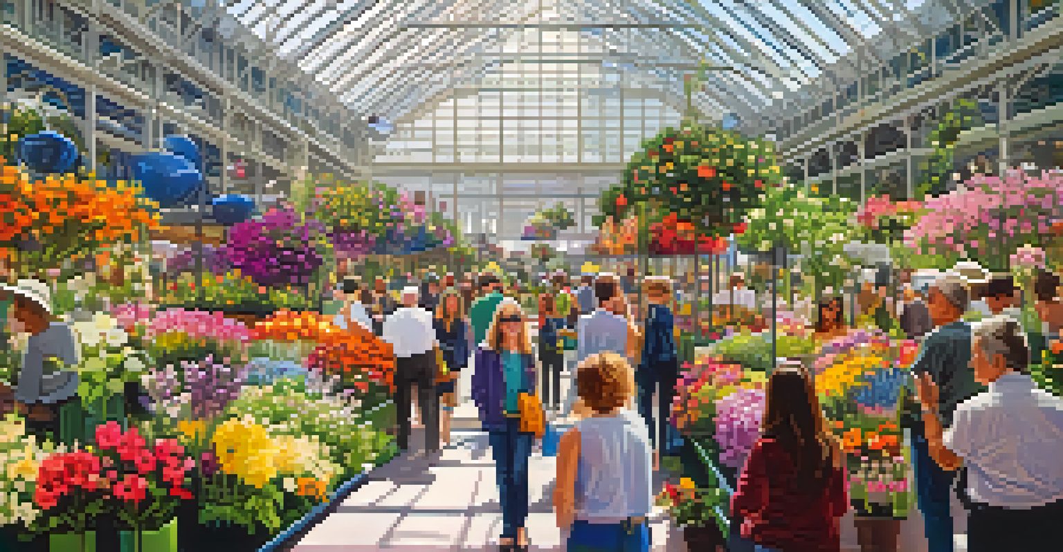 Visitors enjoying the Chicago Flower & Garden Show surrounded by colorful floral displays and garden designs.