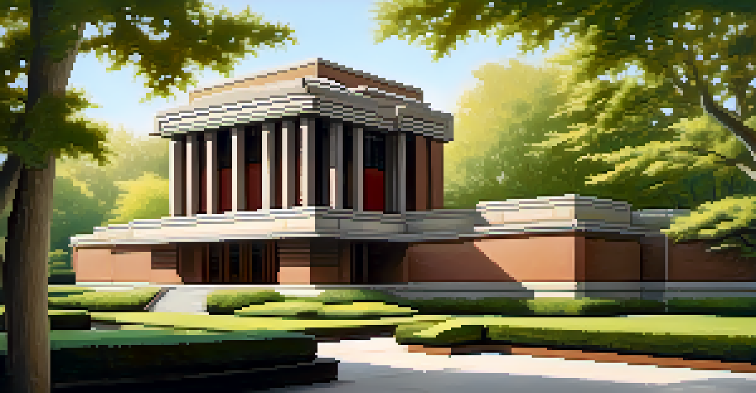 The Unity Temple, designed by Frank Lloyd Wright, surrounded by a tranquil garden in soft morning light, showcasing its unique geometric form.