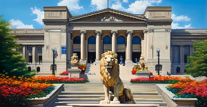 A clear view of the Art Institute of Chicago's entrance with lion statues and blooming flowers under a blue sky.