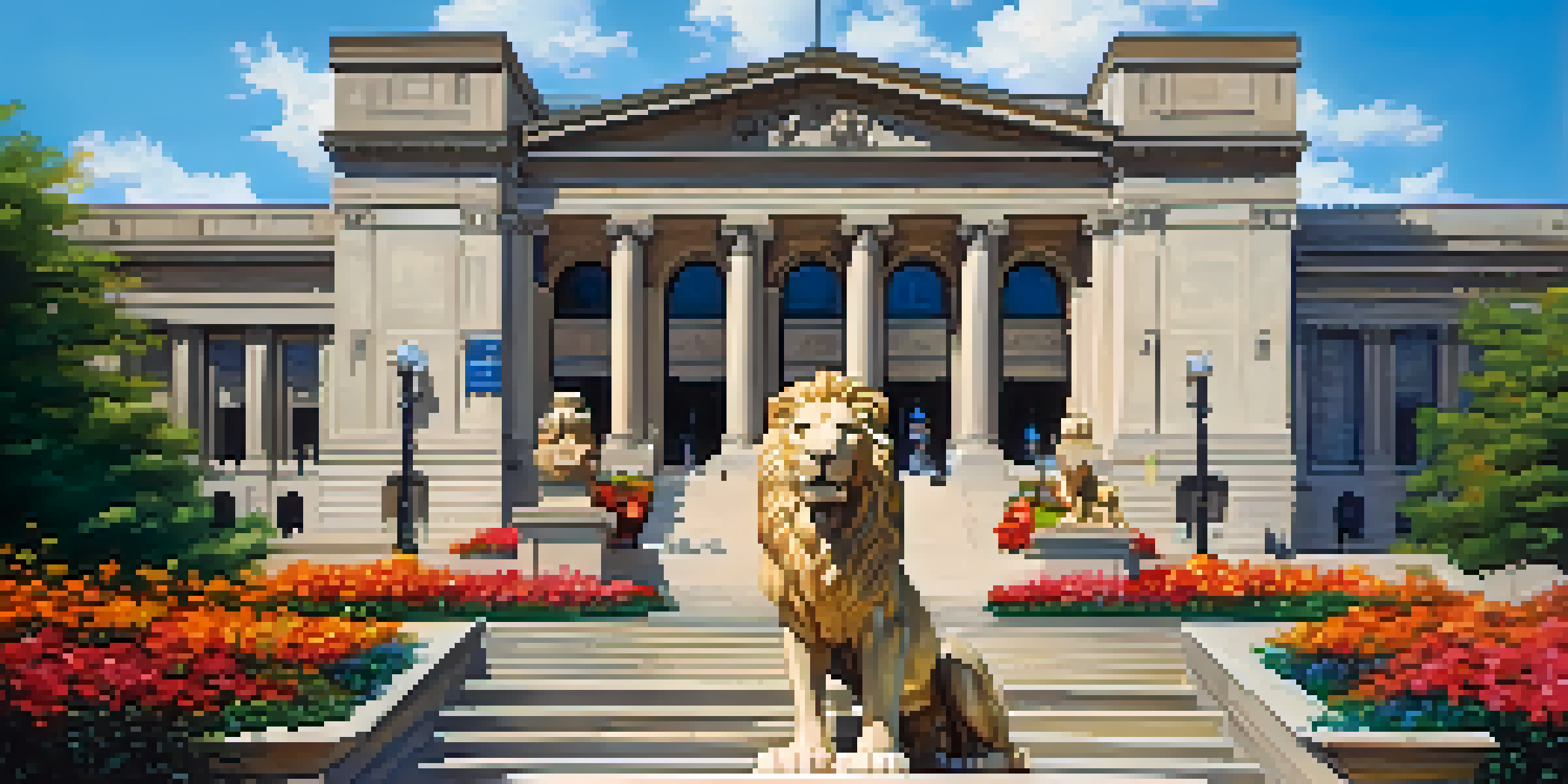 A clear view of the Art Institute of Chicago's entrance with lion statues and blooming flowers under a blue sky.