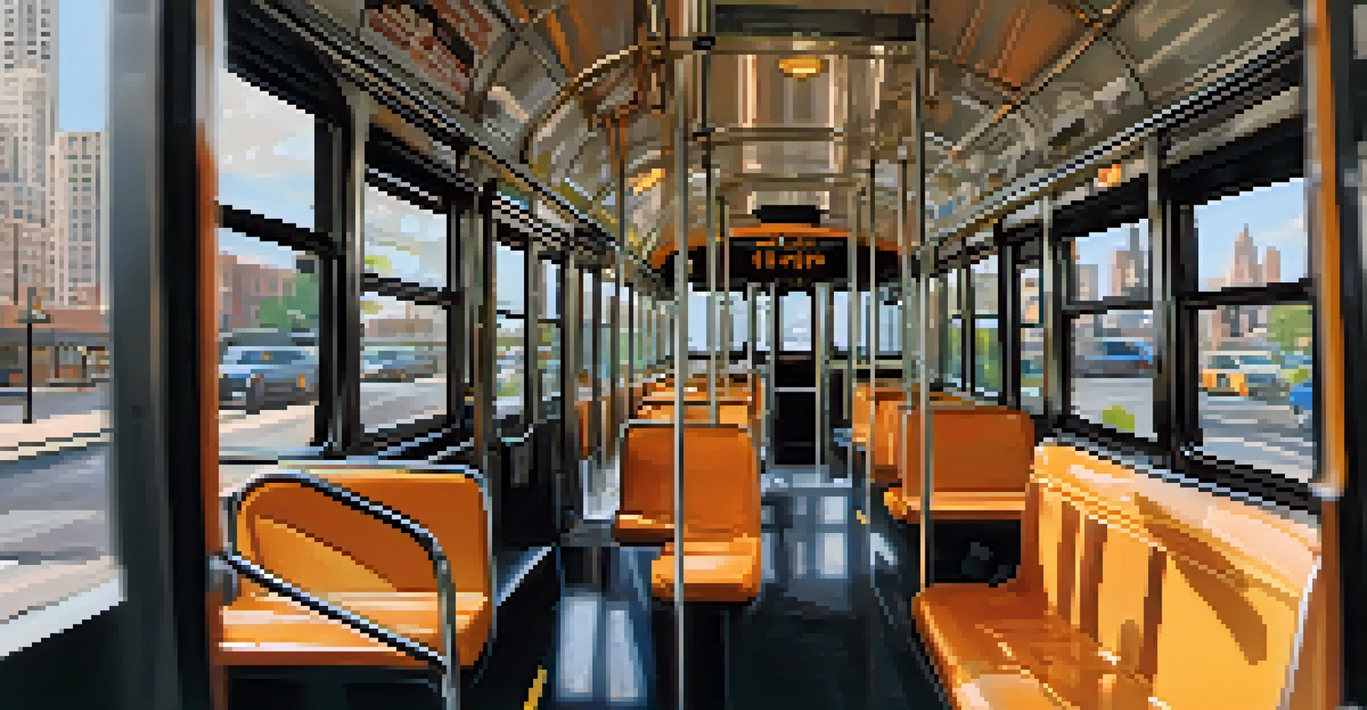 The interior of a clean Chicago bus with visible safety signs, showing passengers seated and city scenery blurred outside the window.