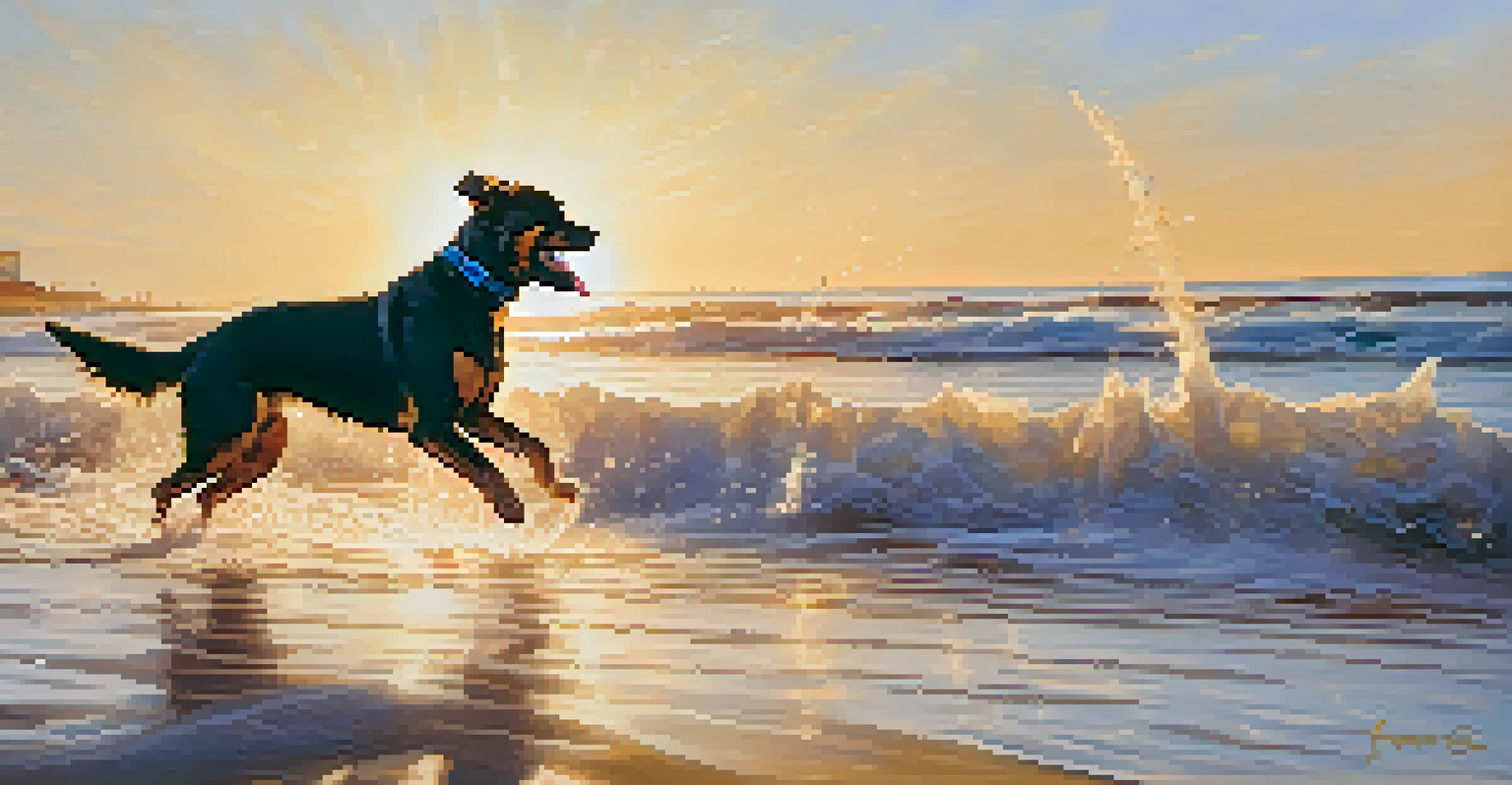 A dog splashing in the waves at Montrose Dog Beach with its owner cheering from the shore.
