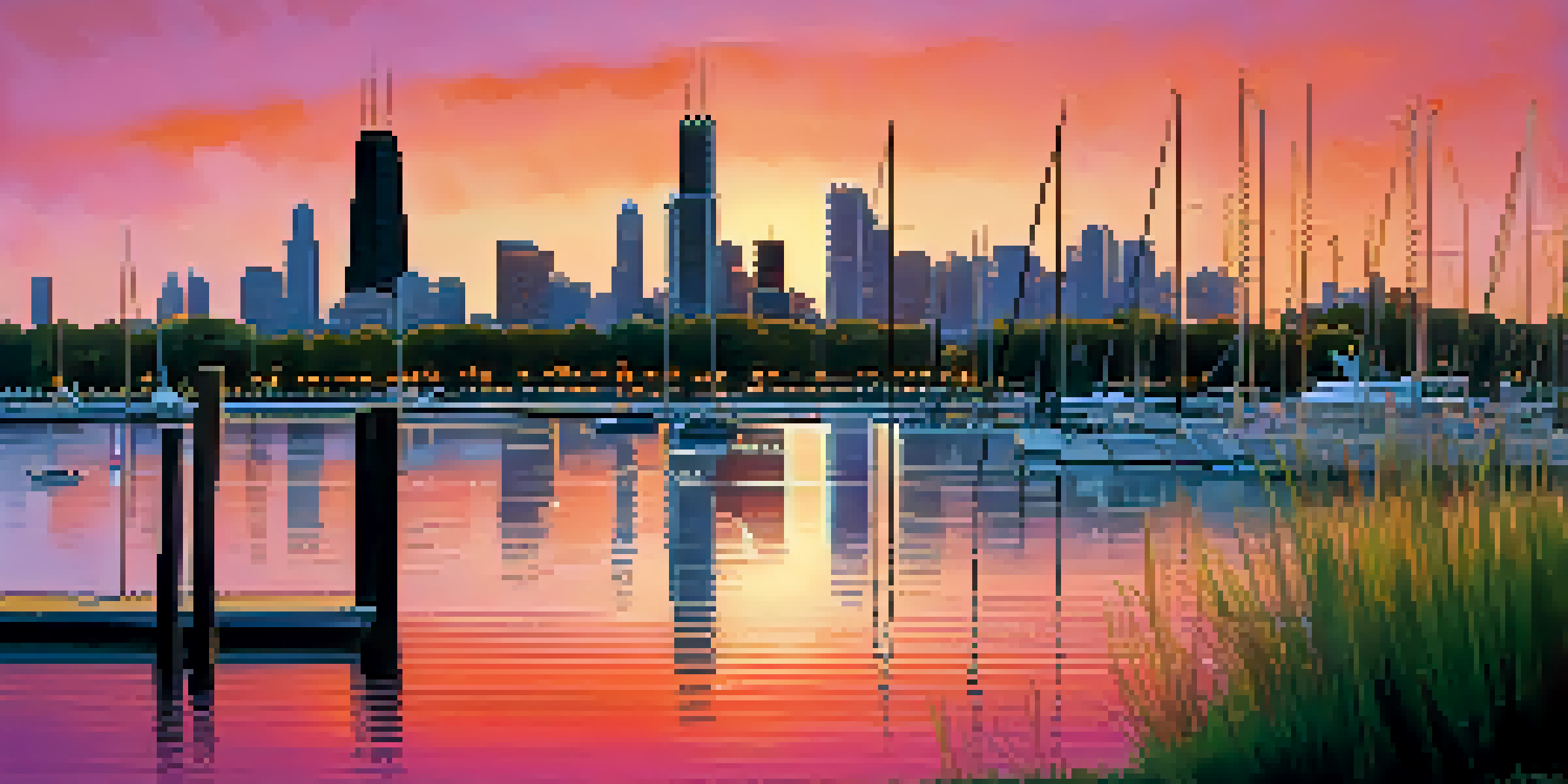 A sunset view of Monroe Harbor in Chicago with sailboats and the skyline in the background.